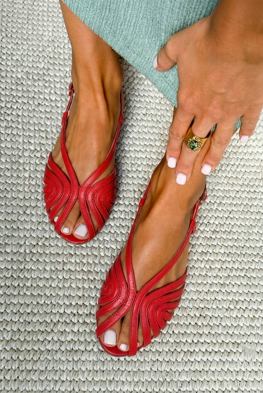 Rote Sommer-Sandalen aus Leder mit Riemen und Käfigmuster, offene Zehenpartie