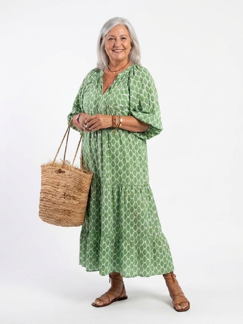 Apolline | Robe midi à motifs avec décolleté en V et manches trois-quarts