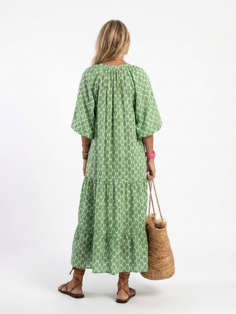Apolline | Robe midi à motifs avec décolleté en V et manches trois-quarts