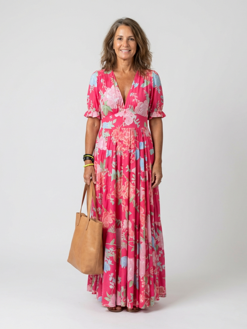 Ione | Robe Midi Fleurie à Manches Courtes avec Décolleté en V