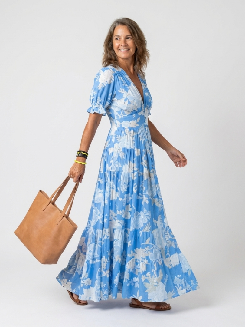 Ionen | Robe Midi Fleurie à Manches Courtes met decolleté en V