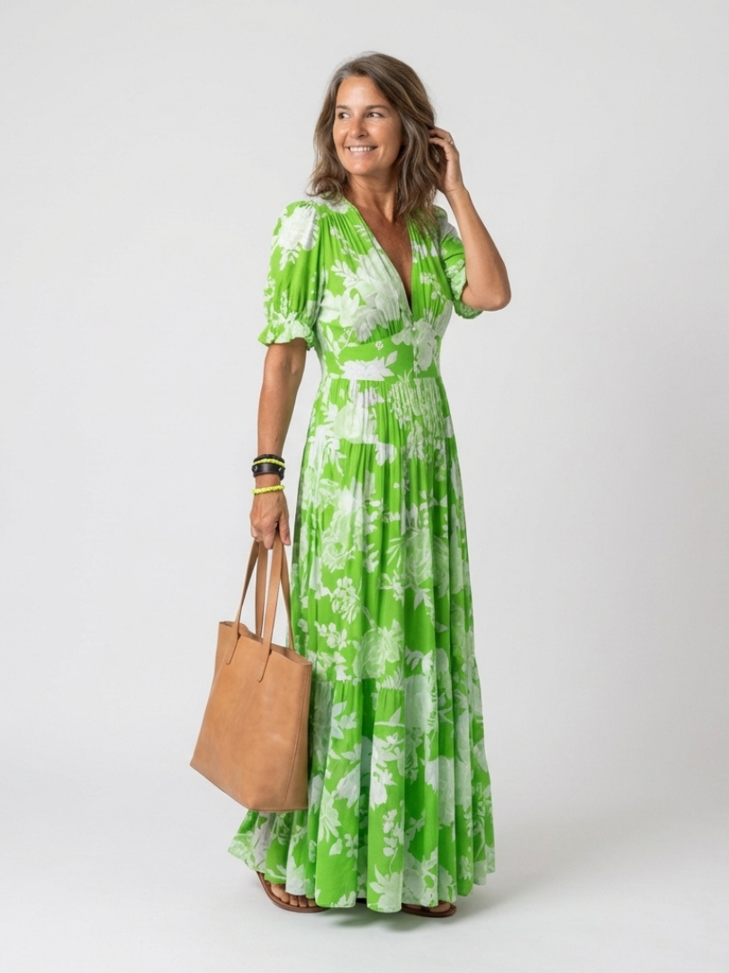 Ionen | Robe Midi Fleurie à Manches Courtes met decolleté en V