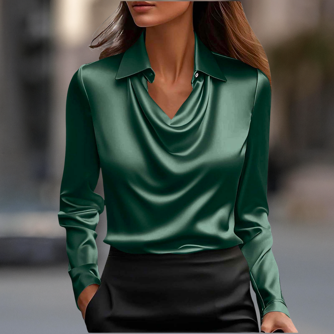 Milan-chique satijnen gedrapeerde blouse met zijdeachtige afwerking