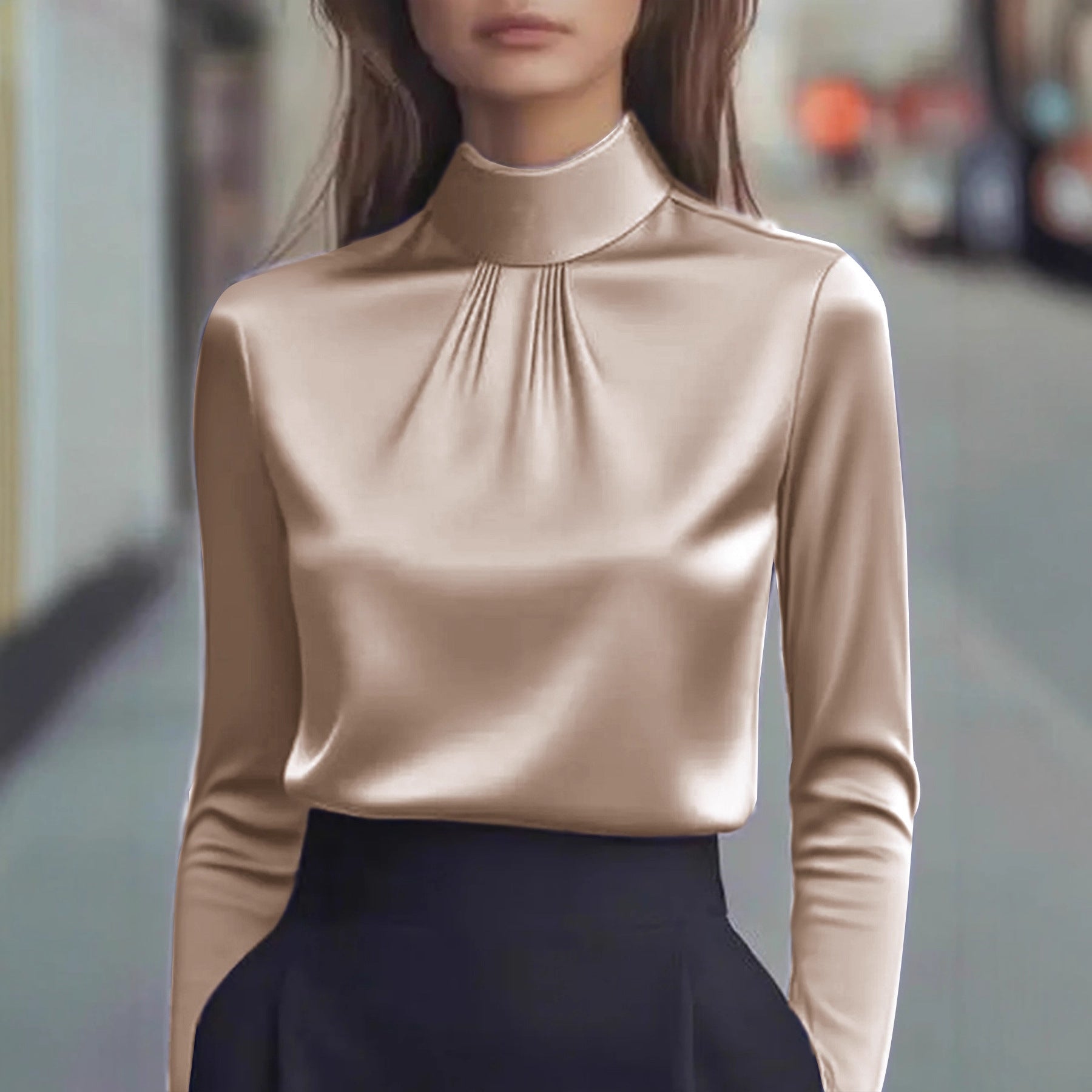 Isabelle Luxe satijnen damesblouse met hoge kraag