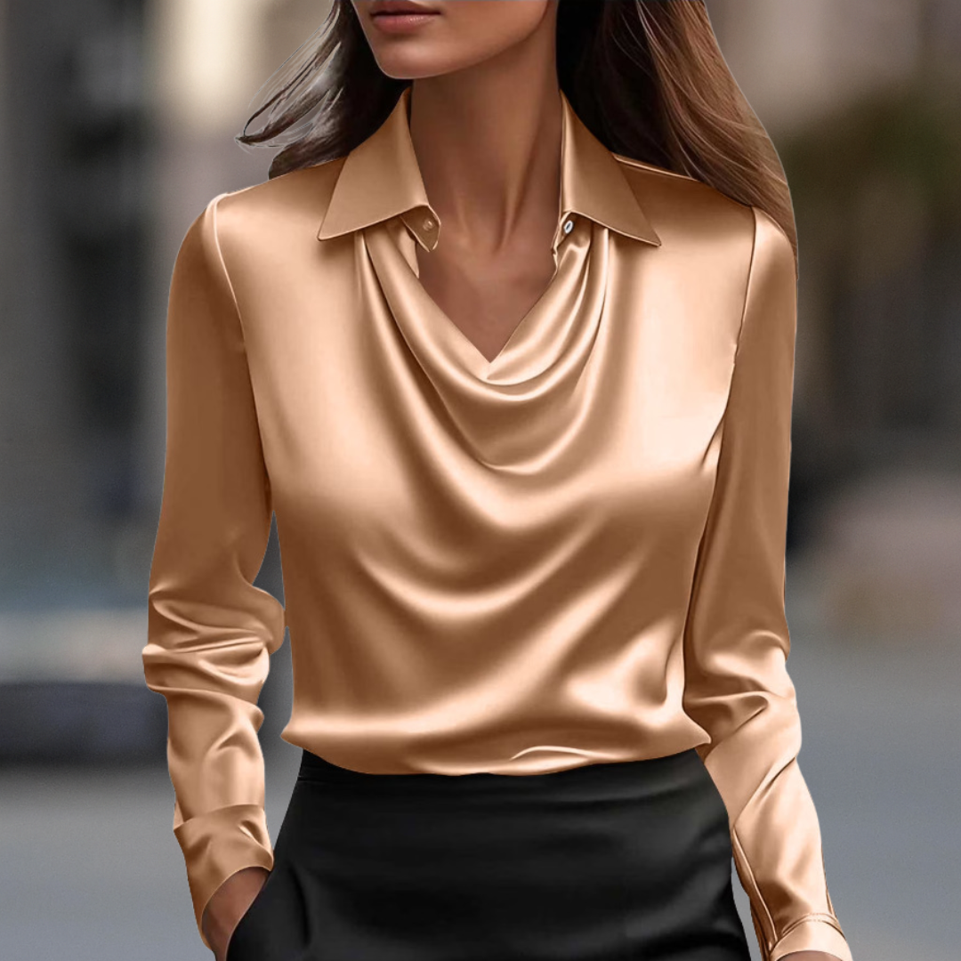 Milan-chique satijnen gedrapeerde blouse met zijdeachtige afwerking