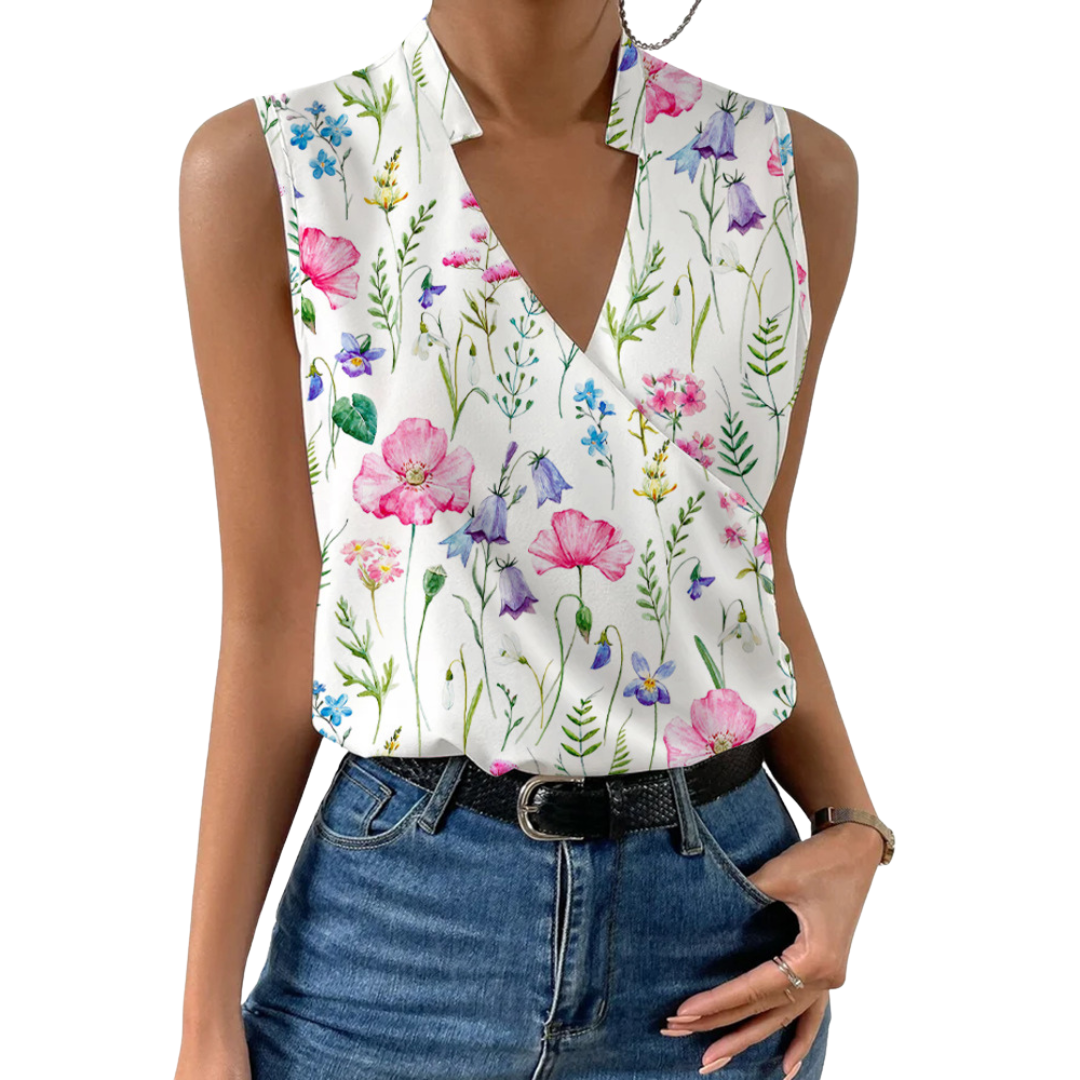 Noelle Elegante mouwloze blouse met V-hals en gekruist dessin