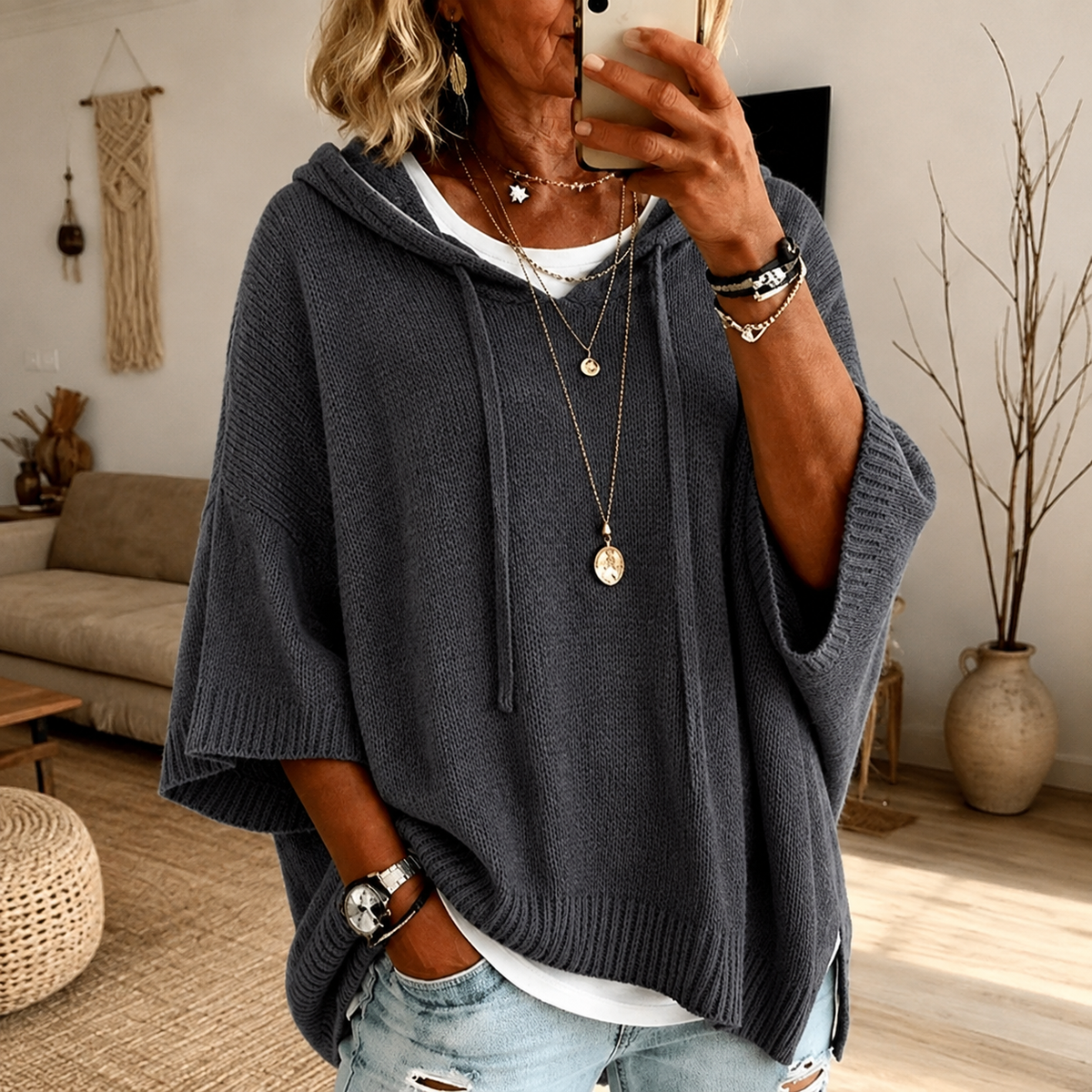 Camille – Pull poncho douillet couleur anthracite