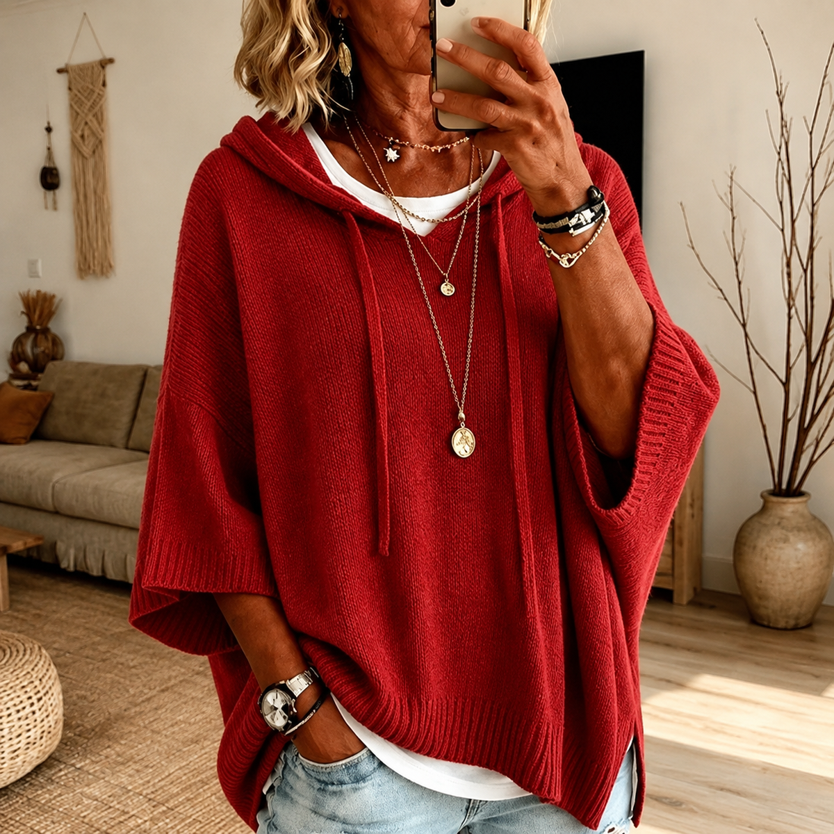 Clara – Pull poncho rouge élégant