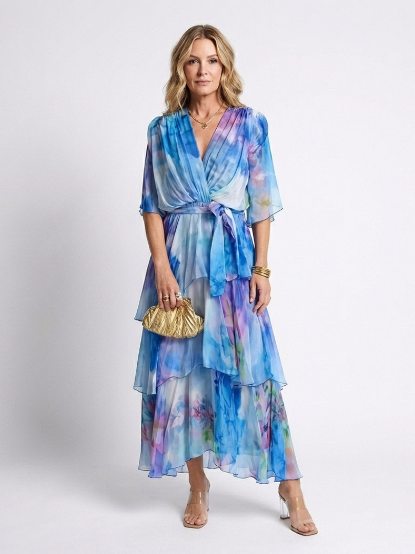 Calista | Robe Maxi en Tulle à Encolure V avec Ceinture à Nouer