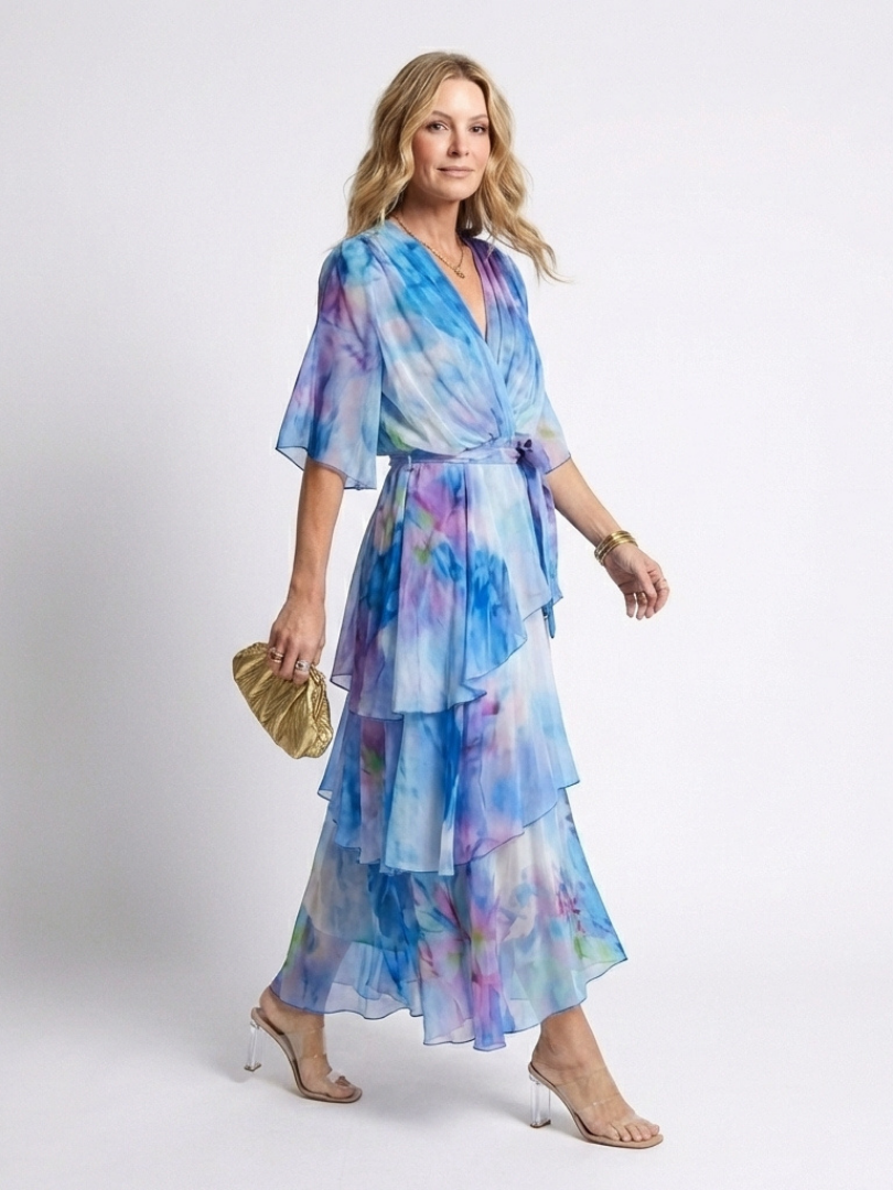 Calista | Robe Maxi en Tulle à Encolure V avec Ceinture à Nouer