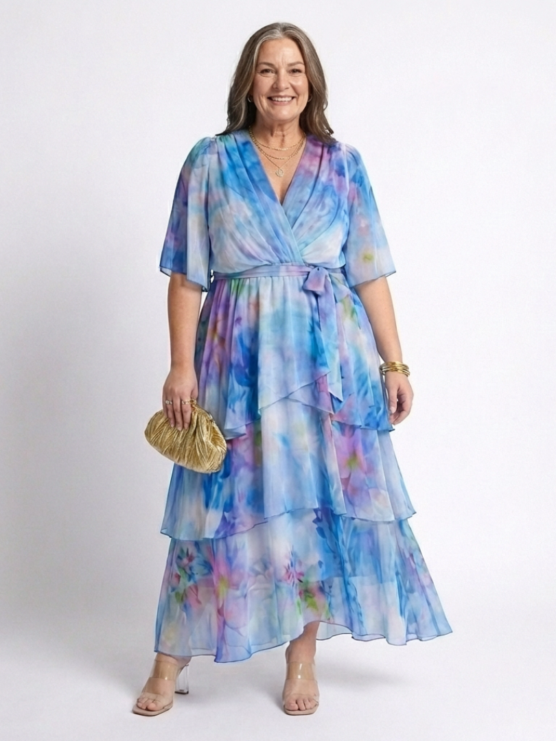 Calista | Robe Maxi en Tulle à Encolure V avec Ceinture à Nouer