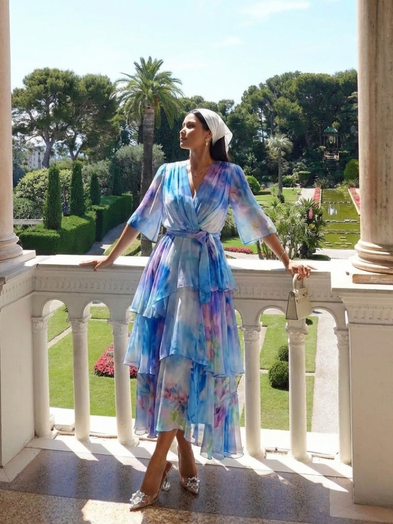 Calista | Robe Maxi en Tulle à Encolure V avec Ceinture à Nouer
