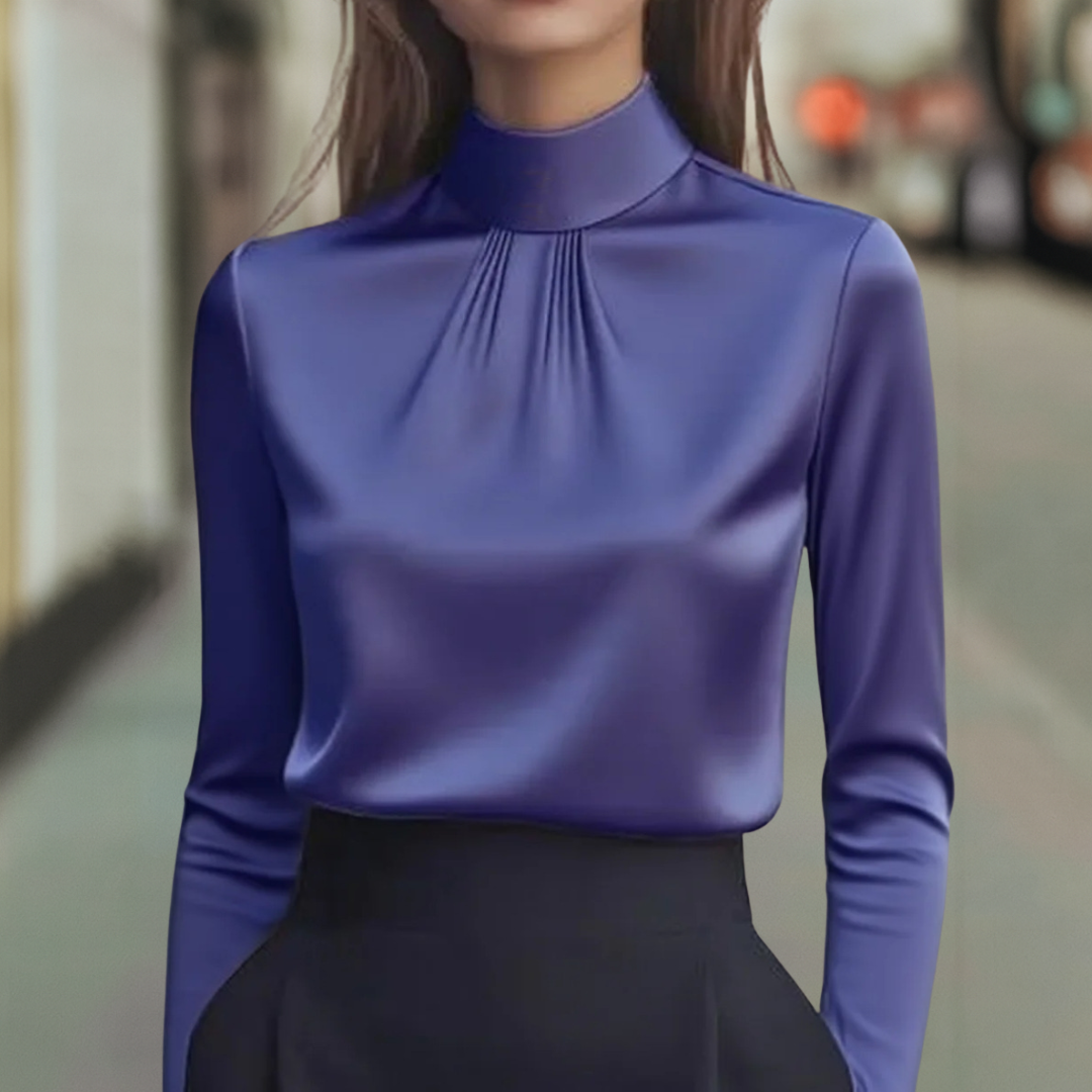 Isabelle Luxe satijnen damesblouse met hoge kraag