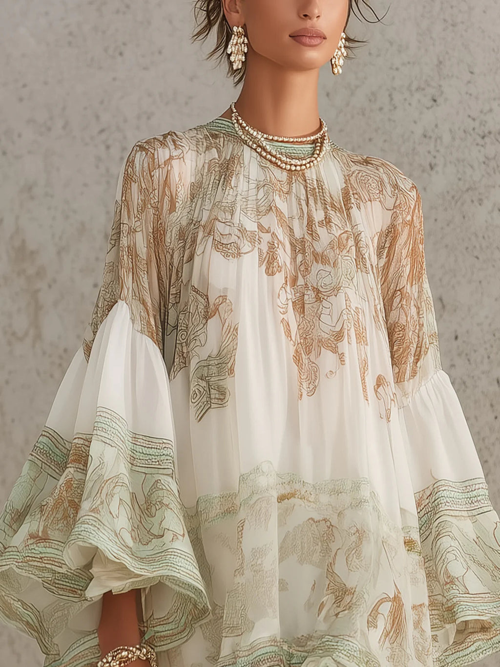 Rosalie | Grünes Chiffon-Mini-Kleid mit Volantärmeln und gestreiftem Saum