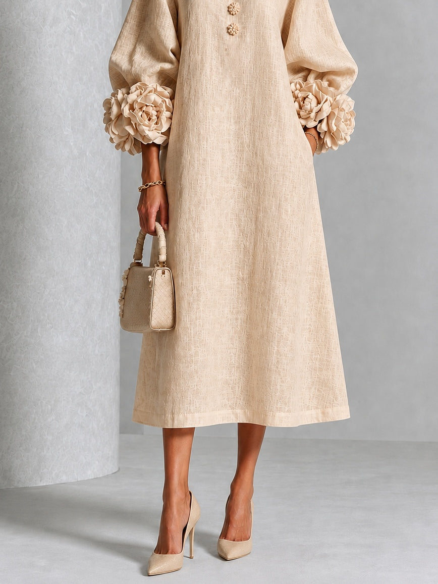 Capucine | Midi-Kleid mit Puffärmeln und floralen Knöpfen