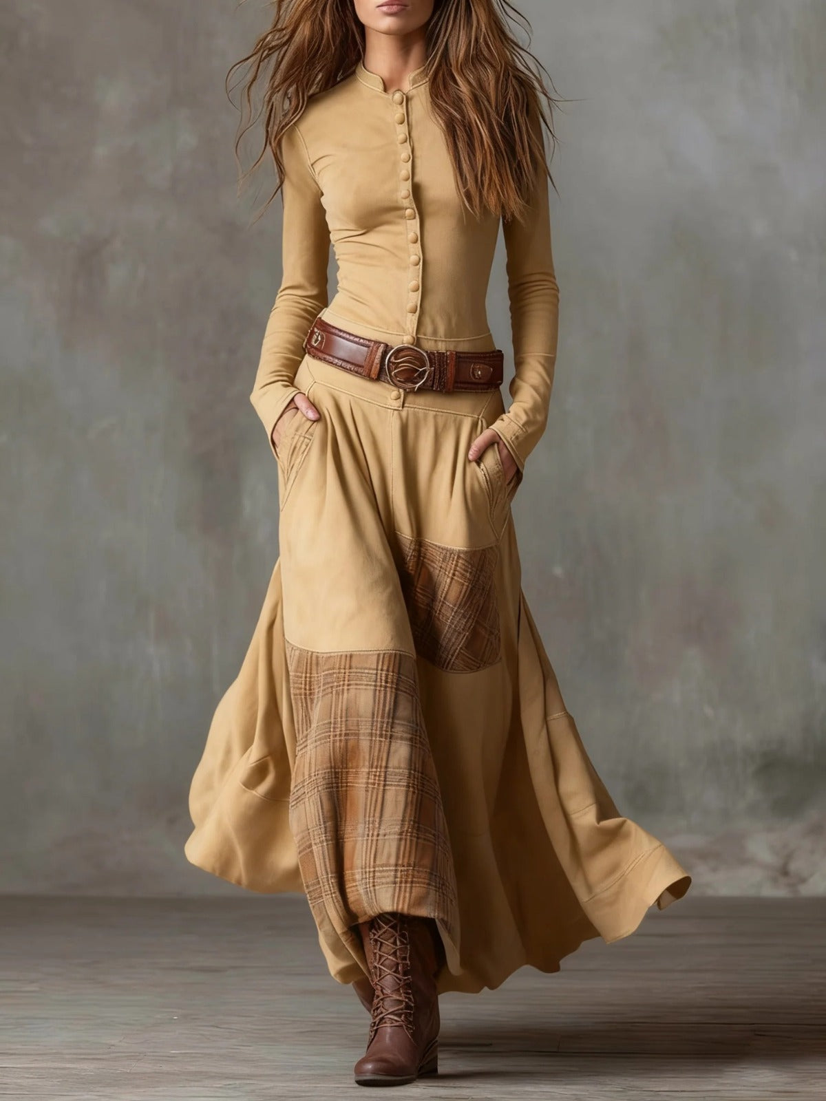 Élise | Maxikleid aus Wildleder-Optik mit Taillengürtel