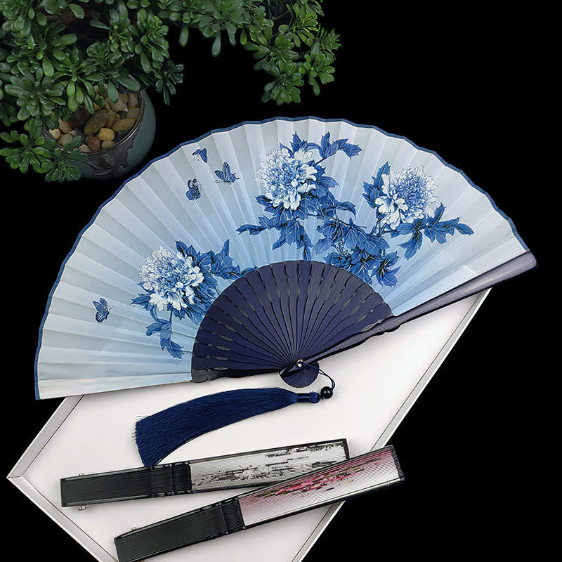 Vintage Buddha Stones Silk Hand Fan with Bamboo Frame - Peony Butterfly Lotus Design