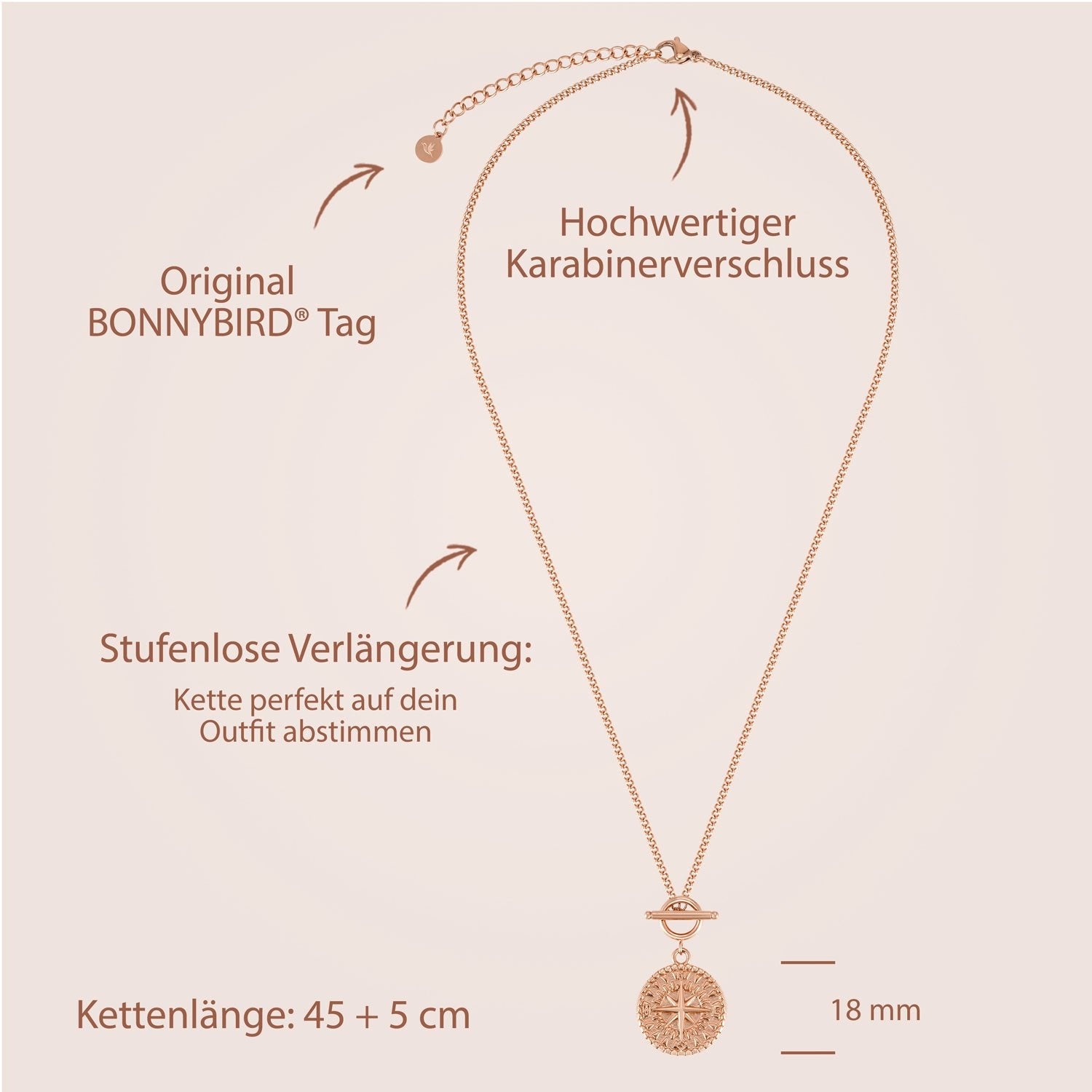 BonnyCompass ketting met kompas hanger rosé goud