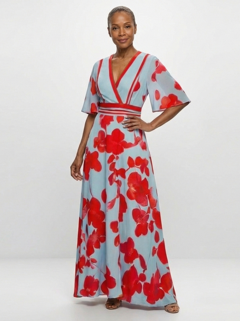 Corinne | Robe Maxi à Fleurs avec Col V et Manches Courtes