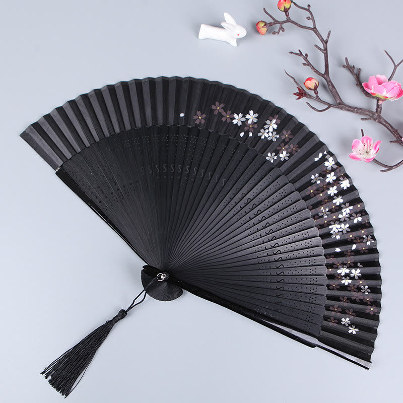 Faltbarer Buddha Handfächer mit Kirschblüten-Design, Sakura und Kamelie, aus Seide und Bambus, 21 cm