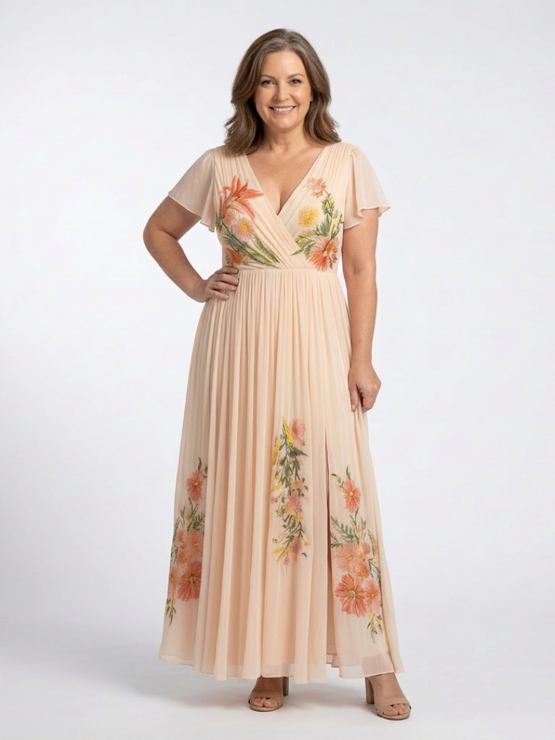 Calista | Robe Maxi Fleurie à Manches Courtes avec Décolleté en V