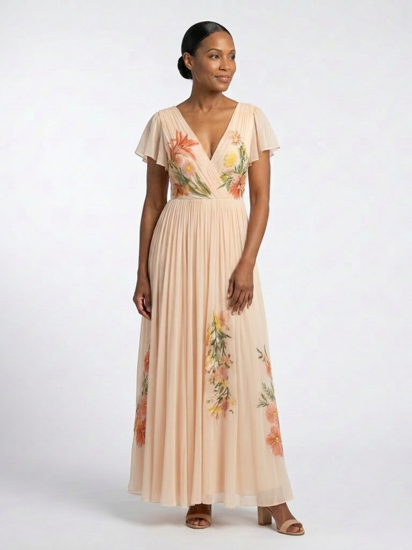 Calista | Robe Maxi Fleurie à Manches Courtes avec Décolleté en V