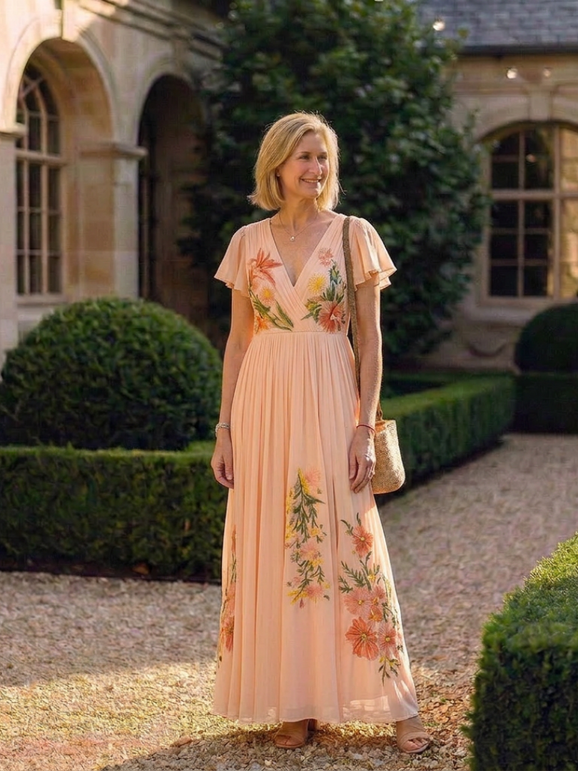 Calista | Robe Maxi Fleurie à Manches Courtes avec Décolleté en V