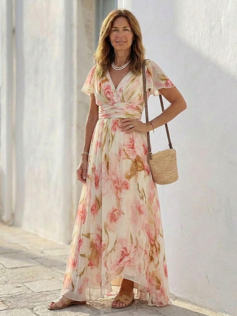 Elara | Robe Maxi Fleurie à Manches Courtes en V" can be rewritten as:

"Elara | Robe Maxi à Fleurs avec Manches Courtes en V