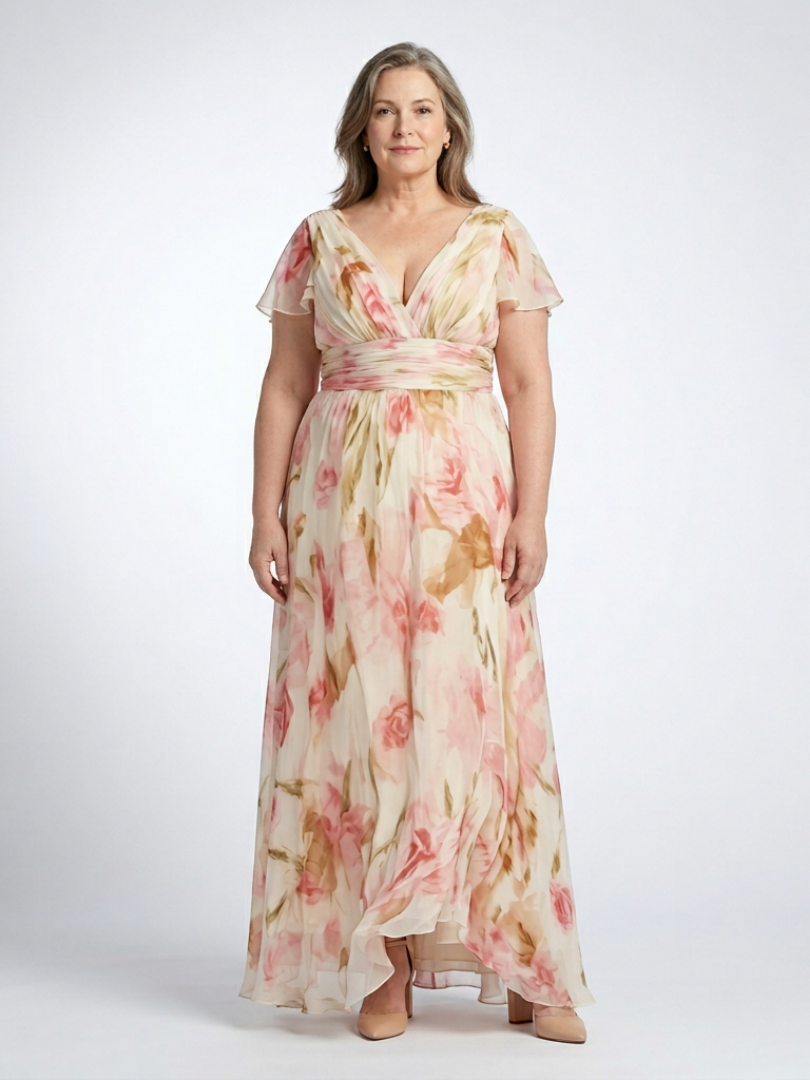 Elara | Robe Maxi Fleurie à Manches Courtes en V" can be rewritten as:

"Elara | Robe Maxi à Fleurs avec Manches Courtes en V