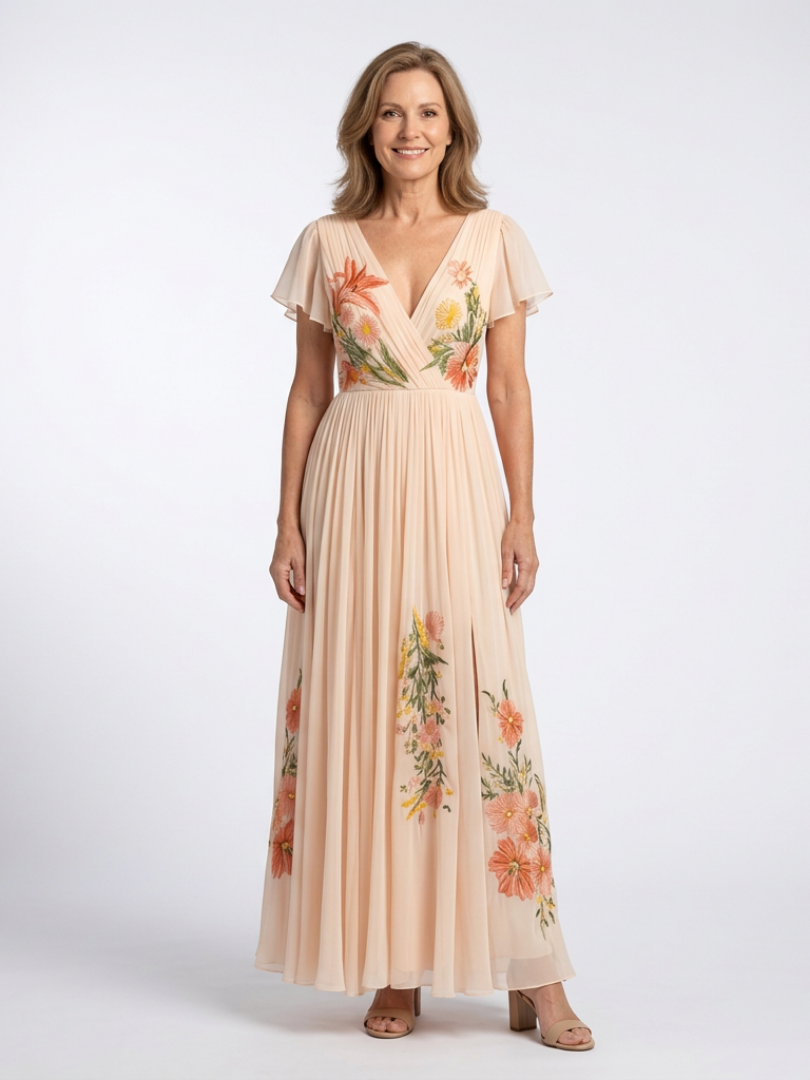 Calista | Robe Maxi Fleurie à Manches Courtes avec Décolleté en V