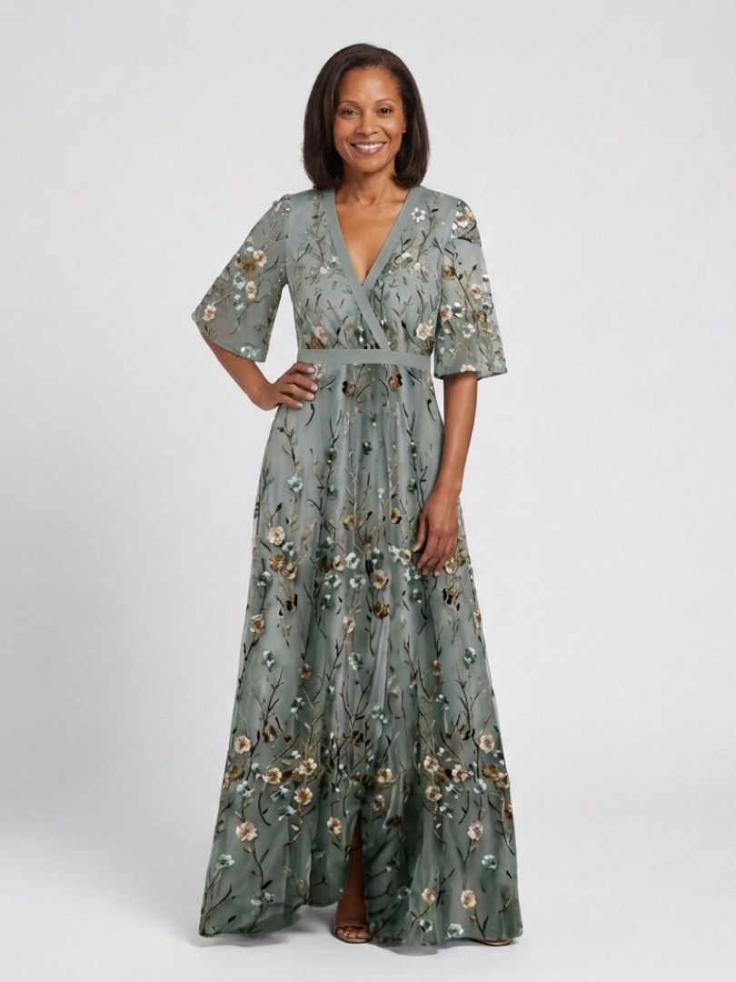 Evadne | Robe Maxi à Manches Courtes avec Décolleté en V à Motif Floral