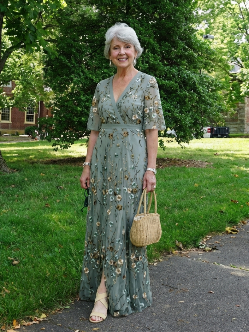 Evadne | Robe Maxi à Manches Courtes avec Décolleté en V à Motif Floral