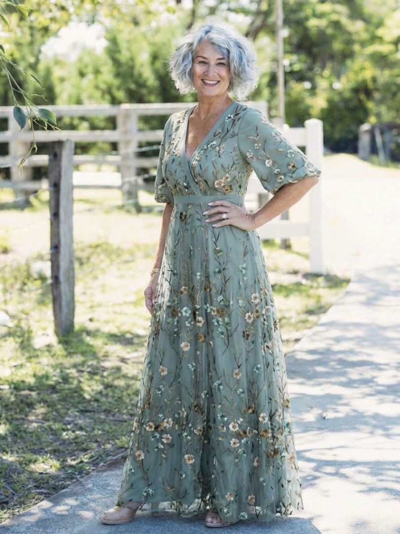 Evadne | Robe Maxi à Manches Courtes avec Décolleté en V à Motif Floral
