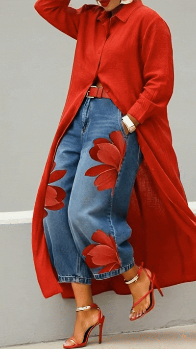 Rode bloemenprint set: jeans en shirt 🌼
