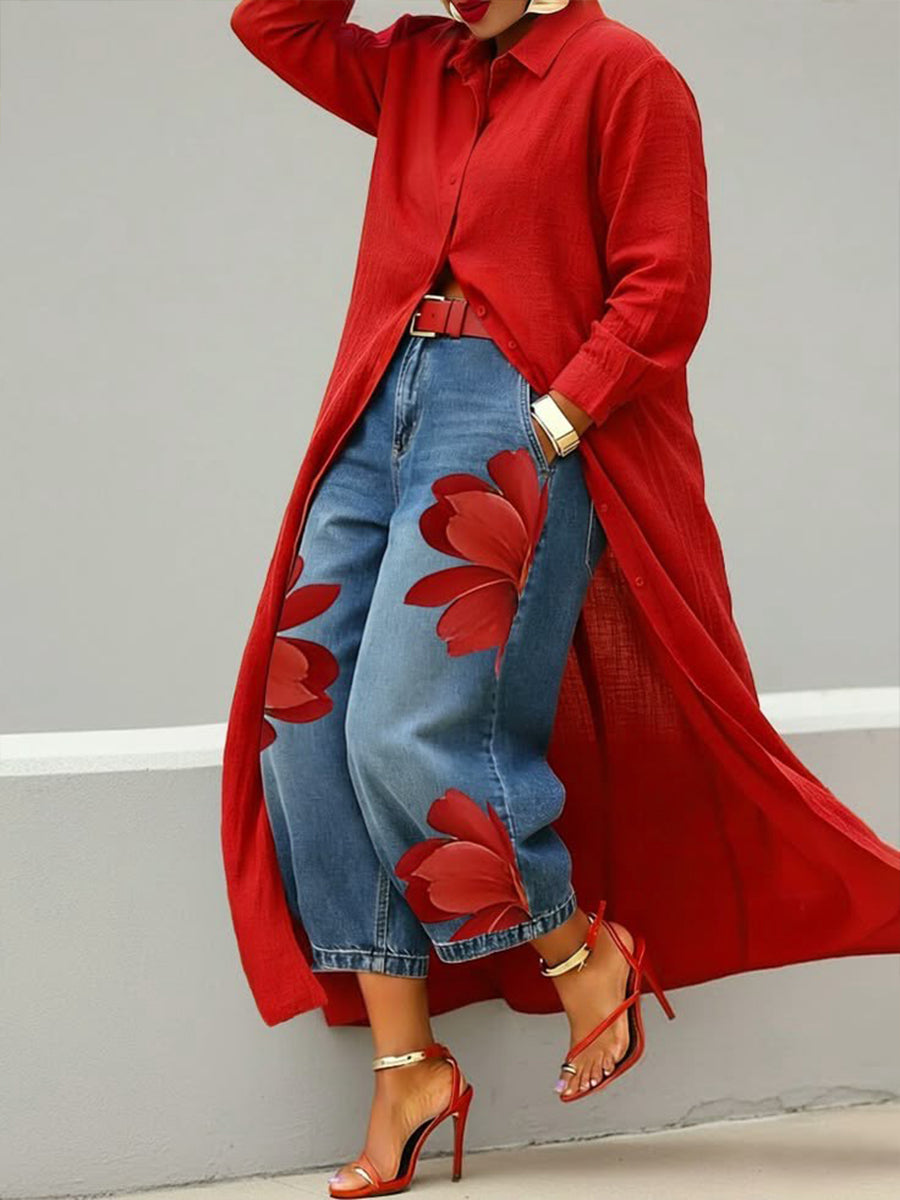 Rode bloemenprint set: jeans en shirt 🌼