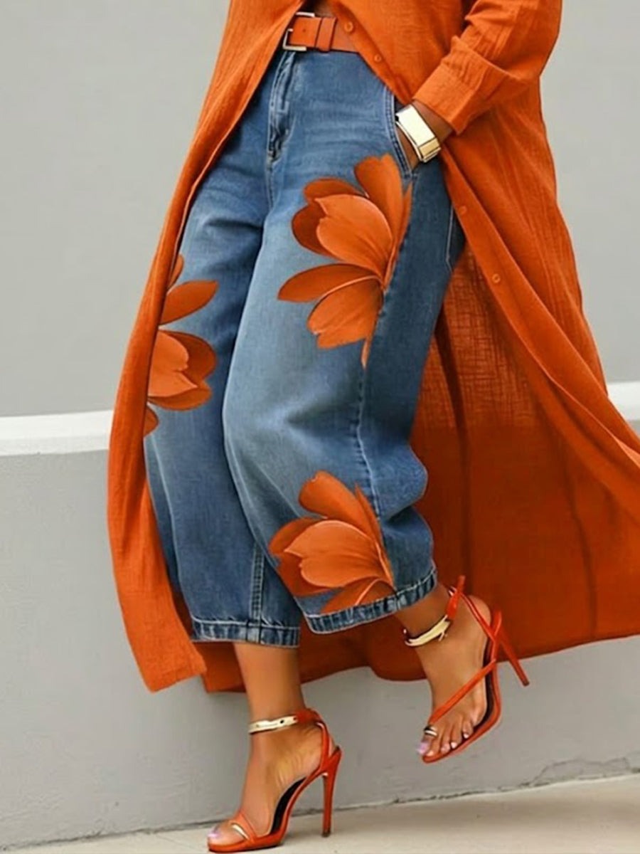 Rode bloemenprint set: jeans en shirt 🌼