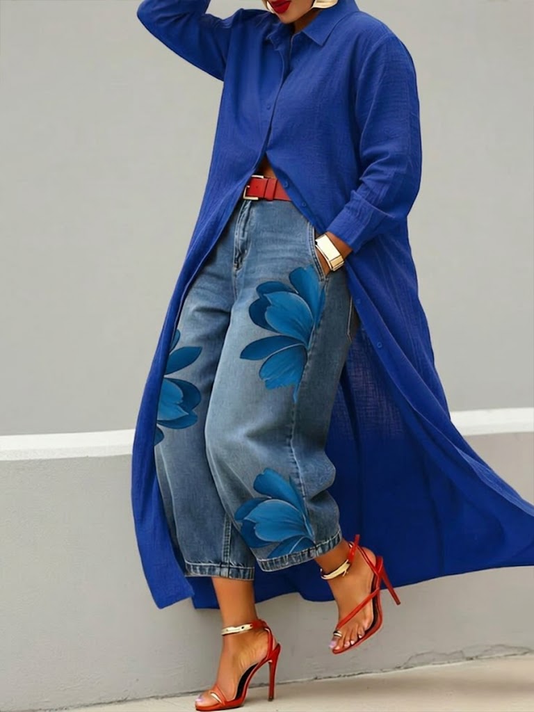 Rode bloemenprint set: jeans en shirt 🌼