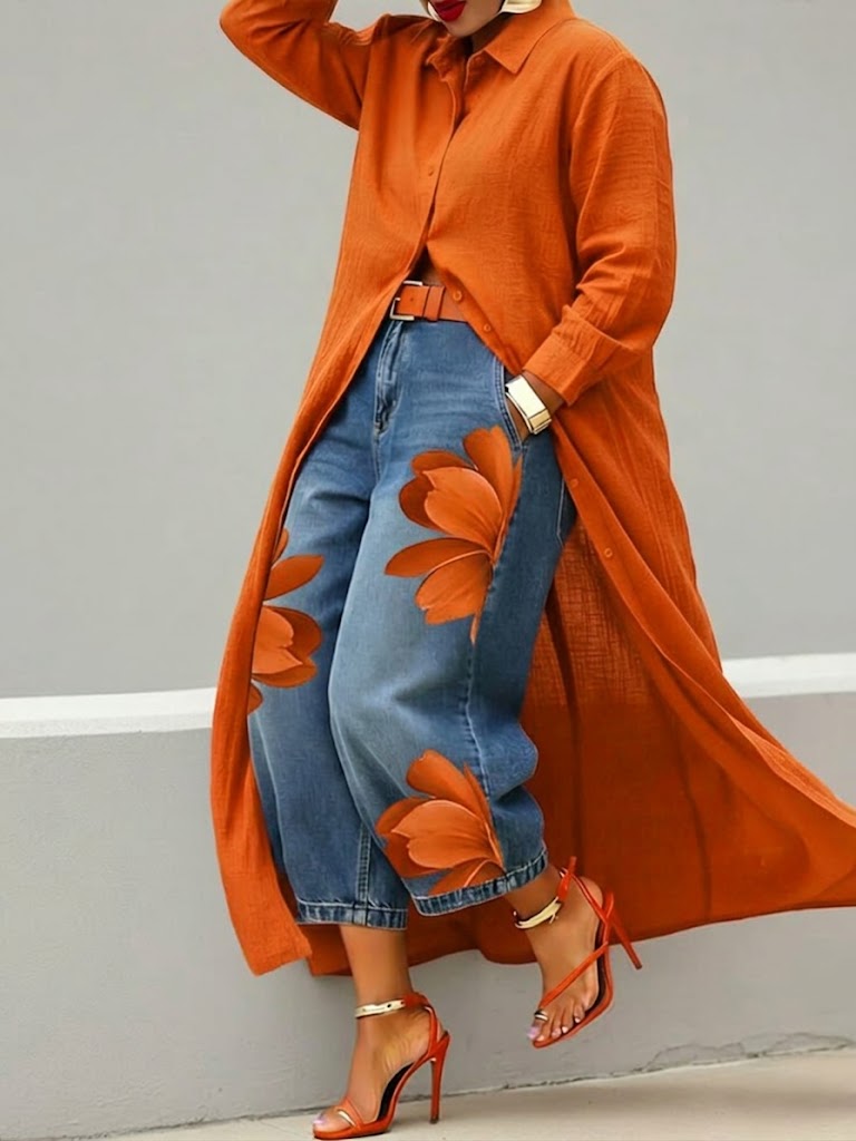 Rode bloemenprint set: jeans en shirt 🌼