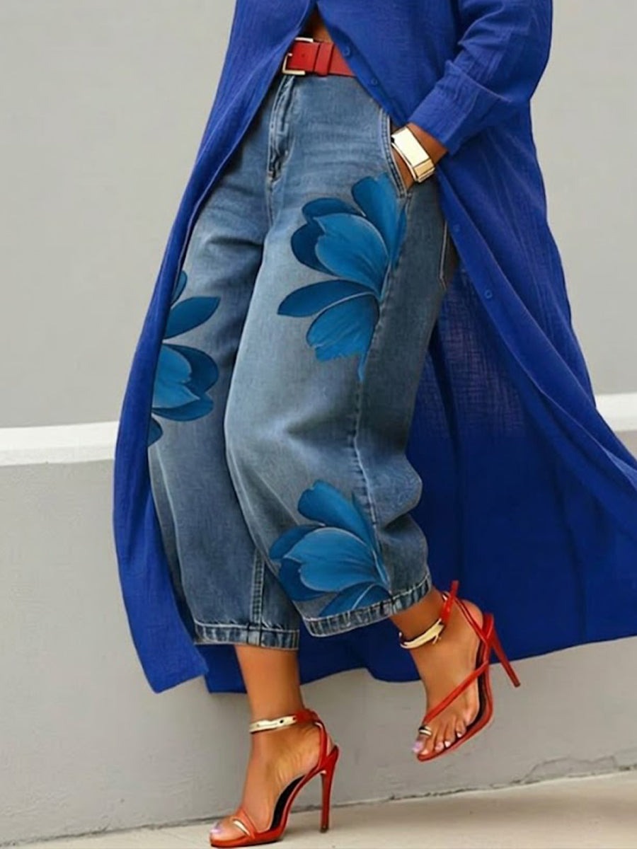 Rode bloemenprint set: jeans en shirt 🌼