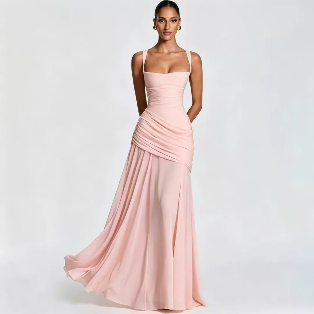 ENIE | Maxikleid mit gerafftem, eckigem Dekolleté