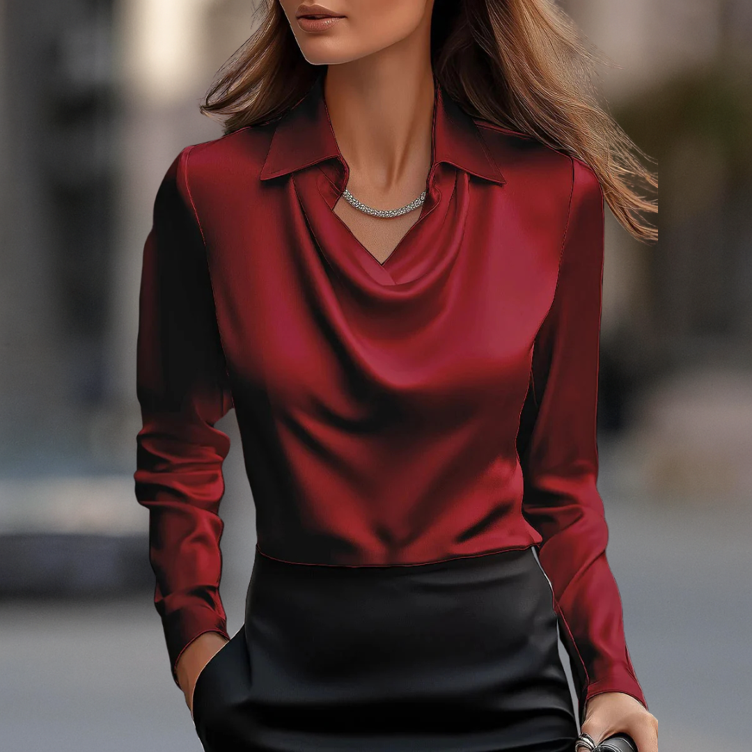 Milan-chique satijnen gedrapeerde blouse met zijdeachtige afwerking