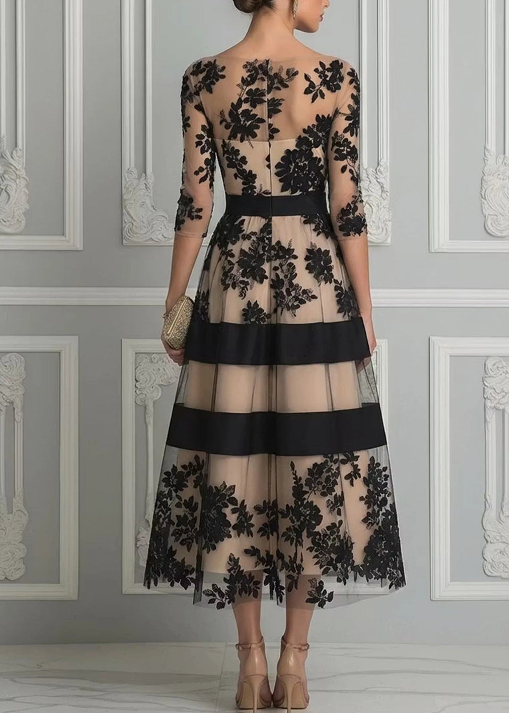 Elegantes Midi-Kleid mit Floralspitze & Tüll