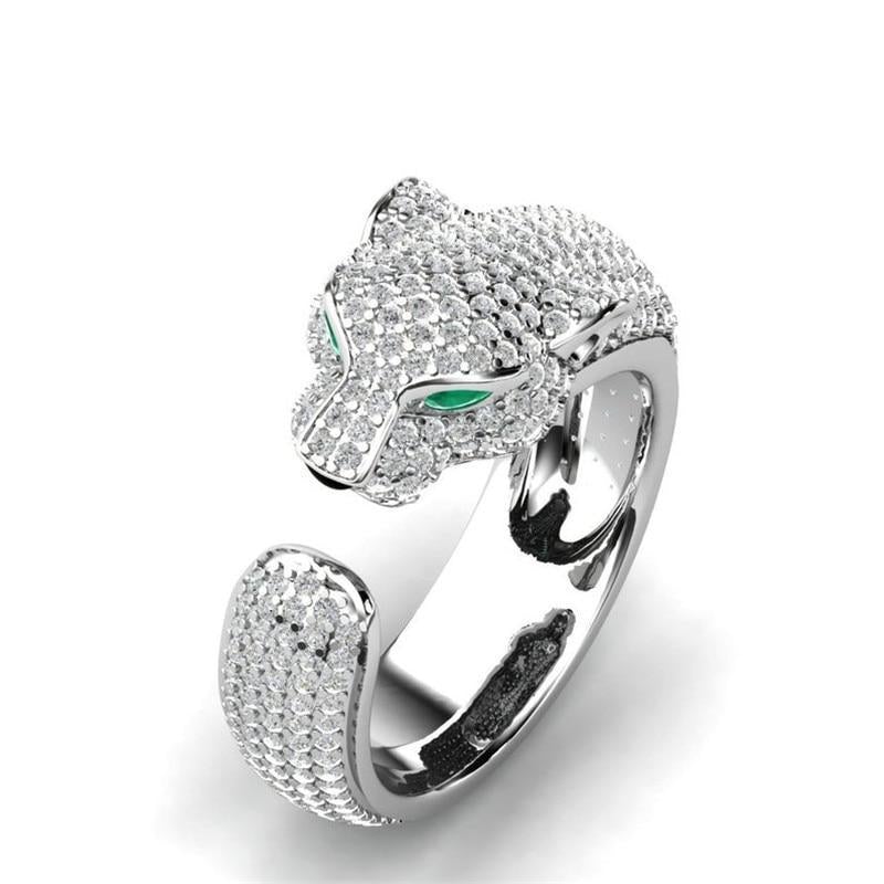 Verstellbarer Silber- und Roségoldring (18K) mit grünen Zirkonia-Augen im Jaguar-Design