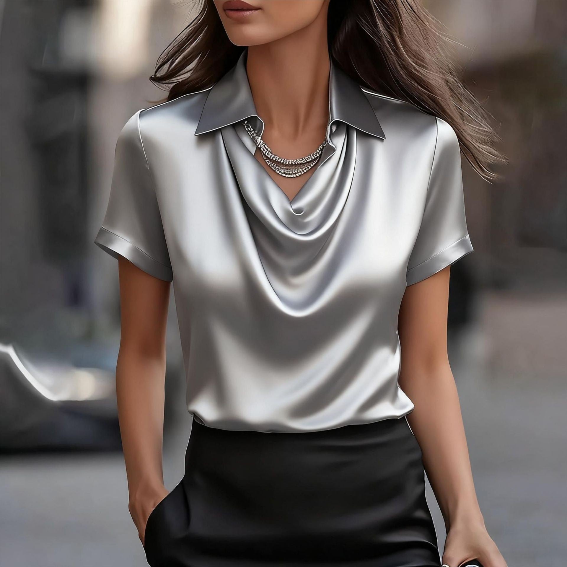 London Chic satijnen blouse met korte mouwen en gedrapeerde kraag