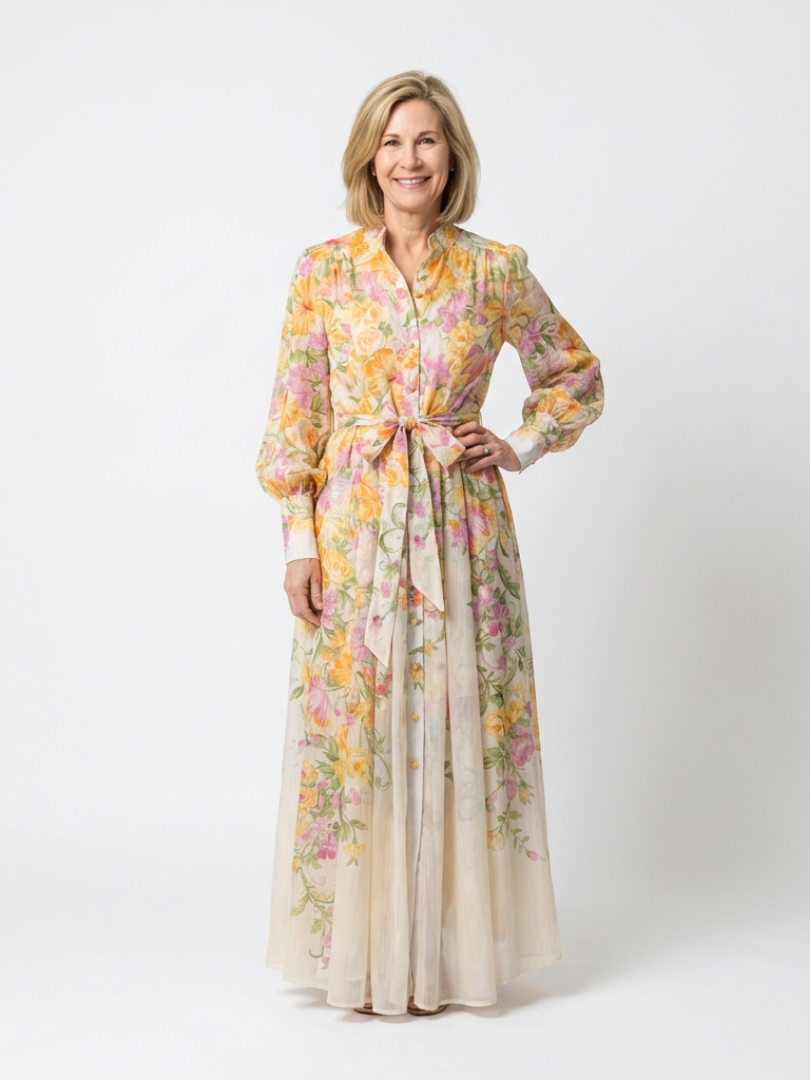 Cressida - Maxi Robe en Dentelle Florale à Manches Longues