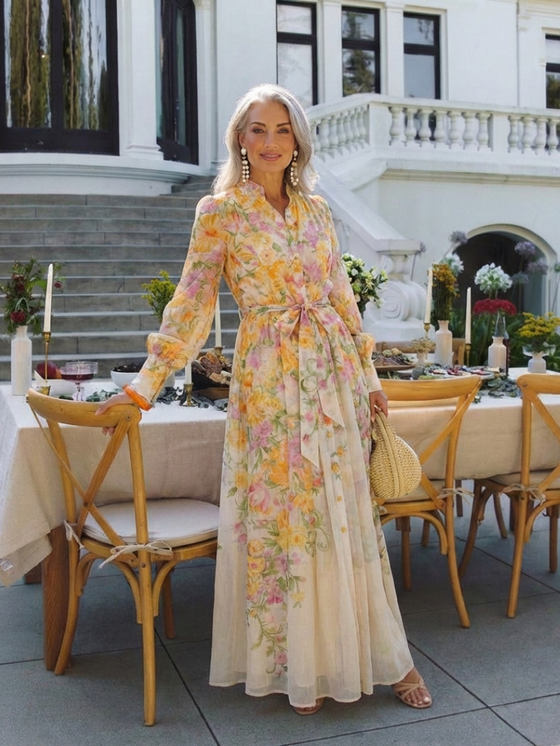 Cressida - Maxi Robe en Dentelle Florale à Manches Longues