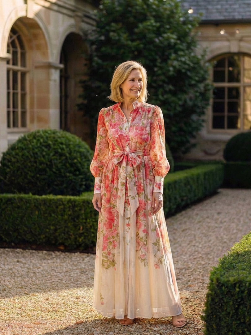 Cressida - Maxi Robe en Dentelle Florale à Manches Longues